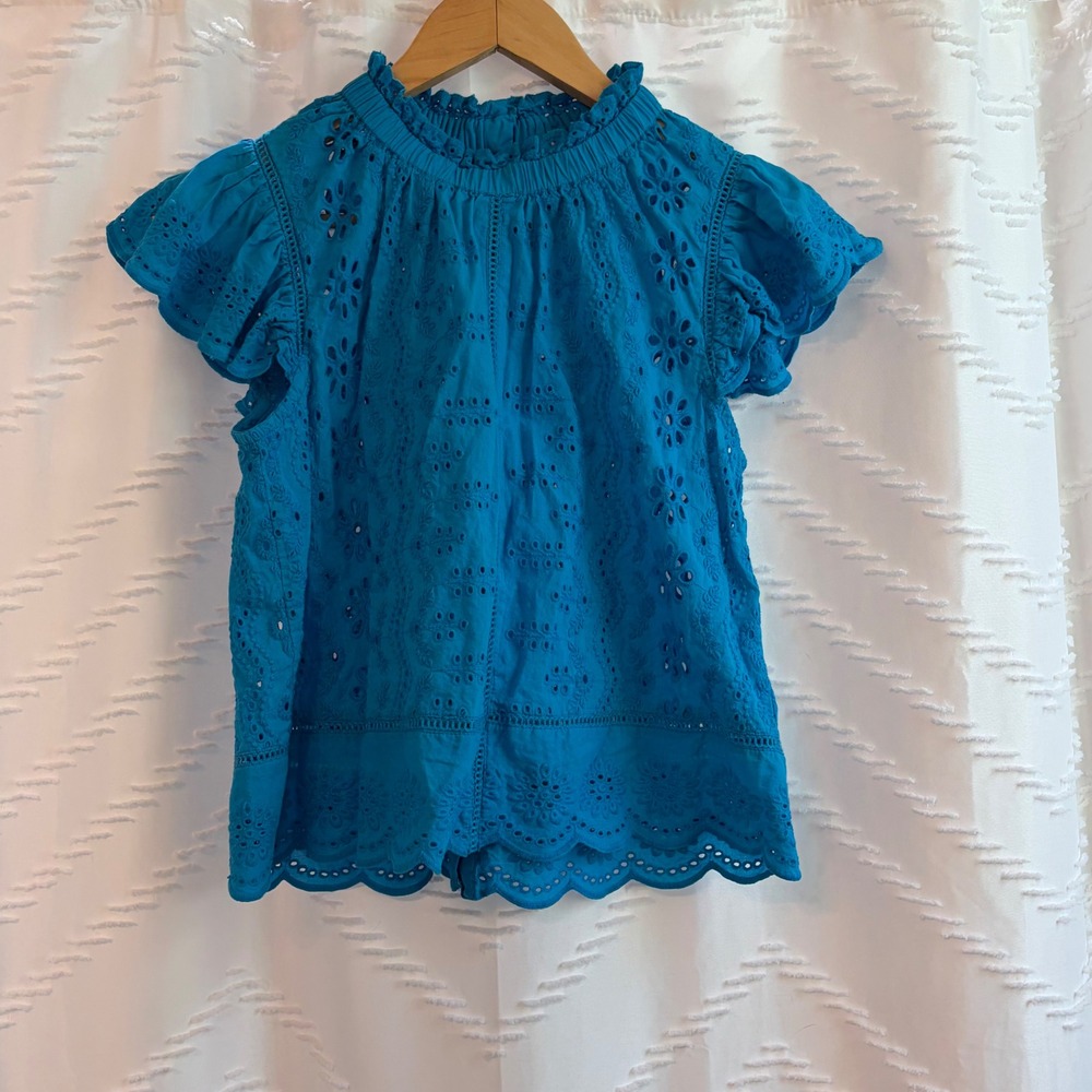 Jennifer Grace Teal Blue Eyelet Lace Mock Neck Button Back Blouse XS Cotton